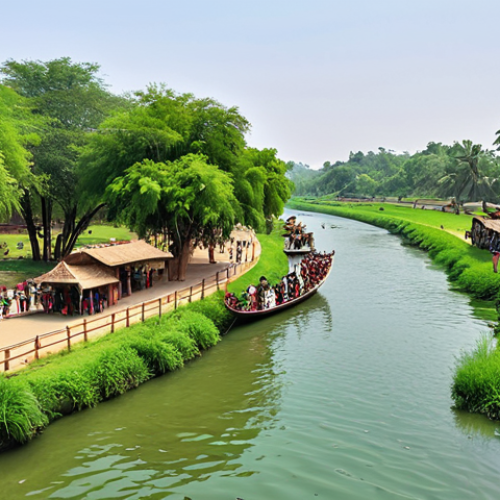 Home 15 **A scenic view of a revitalized river.** Clean flowing water, lush green riverbanks with parks, walking trails and people enjoying recreational activities like boating and fishing. In the background, show elements of local culture like traditional crafts being sold. Focus on a bright, welcoming and eco-friendly atmosphere. Include elements of Urdu culture.