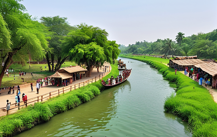 **A scenic view of a revitalized river.** Clean flowing water, lush green riverbanks with parks, walking trails and people enjoying recreational activities like boating and fishing. In the background, show elements of local culture like traditional crafts being sold. Focus on a bright, welcoming and eco-friendly atmosphere. Include elements of Urdu culture.