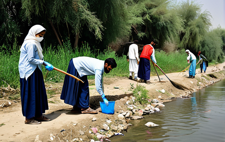 Community River Cleanup**
"A group of diverse volunteers working together to clean up a riverbank in a rural Pakistani village, fully clothed, appropriate attire, safe for work, perfect anatomy, natural proportions, removing trash and debris, clear sunny day, community spirit, showing the importance of local involvement, professional photography, high quality, modest clothing, family-friendly."
**