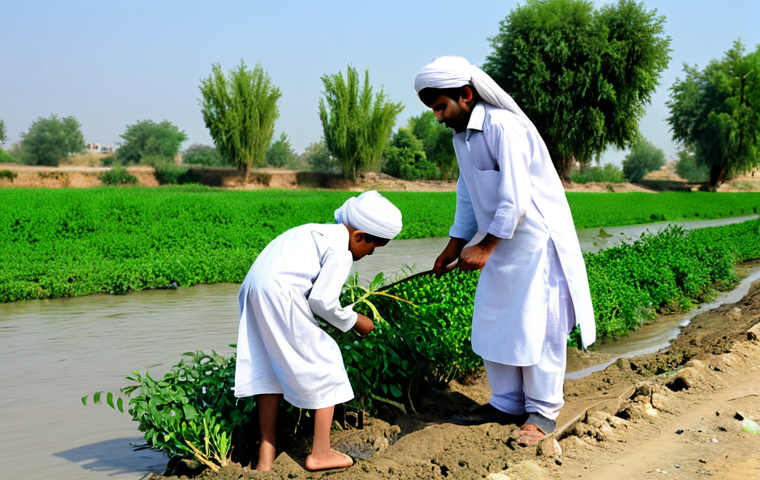 **
A group of Pakistani children, fully clothed in Shalwar Kameez, planting saplings along a riverbank in Punjab, Pakistan. The scene shows lush green fields in the background and clear blue skies. Focus on the act of planting with smiles on their faces, appropriate content, safe for work, professional photography, perfect anatomy, natural proportions, well-formed hands, proper finger count, family-friendly, modest clothing.
**