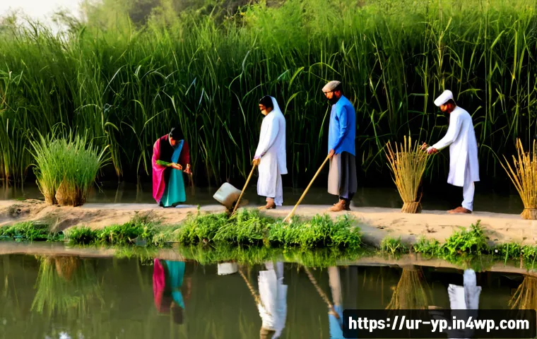 Home 14 하천 생태계 복원 참여를 위한 온라인 커뮤니티 - Photorealistic wide scene of a Pakistani riverside ecosystem restoration activity, diverse Urdu-spea...