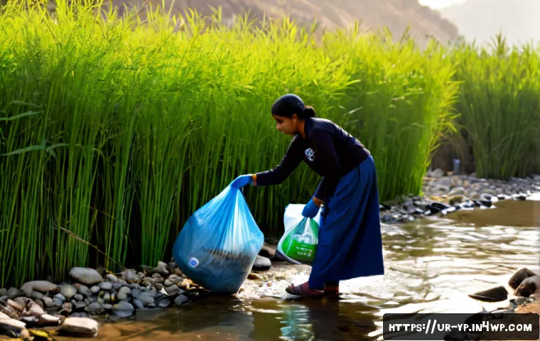 Home 16 하천 생태계 보호를 위한 자원봉사 경험 공유 - Photorealistic riverside volunteer cleanup in Pakistan, a diverse group of Urdu-speaking community v...